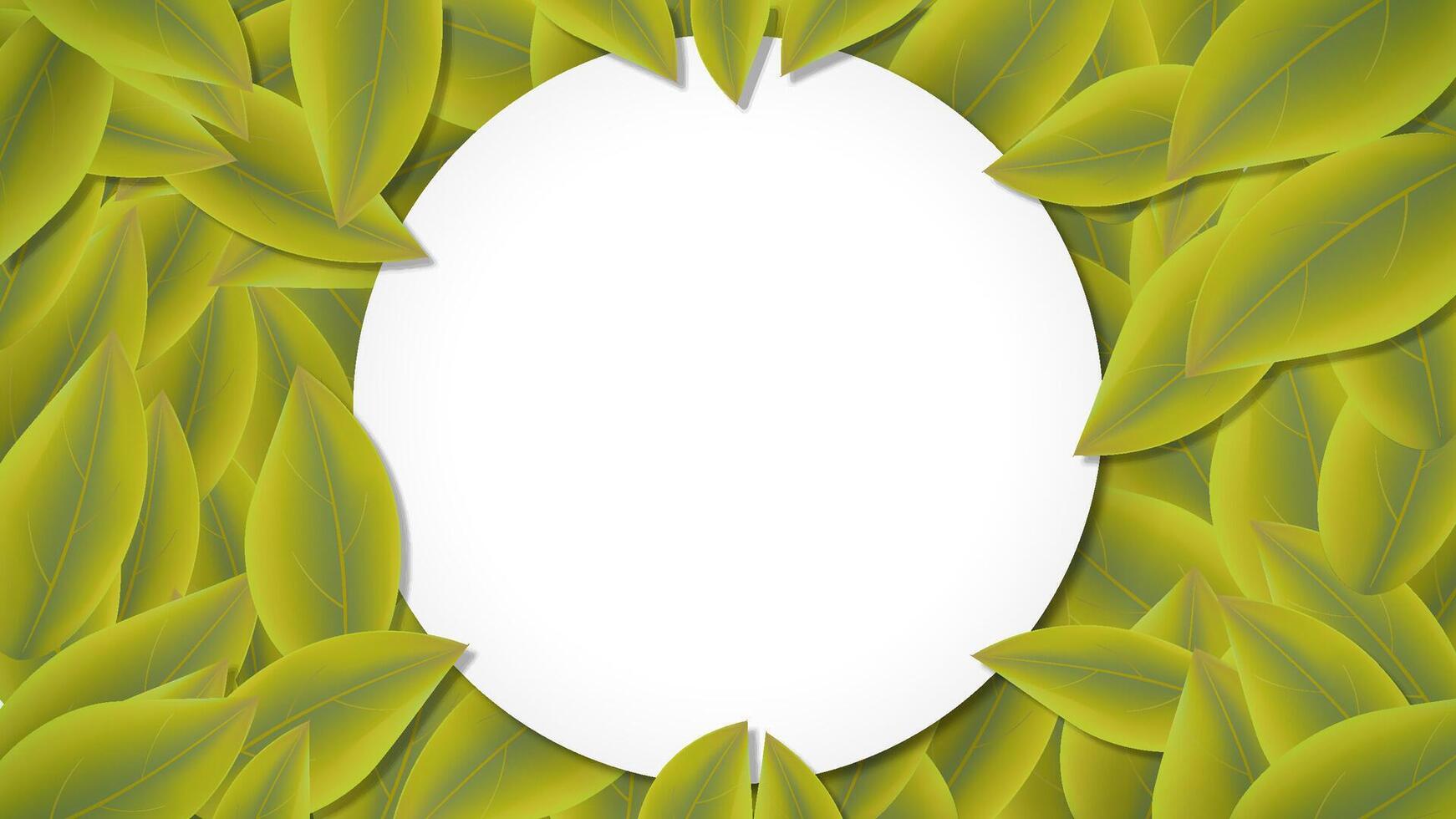 Circular Green Leaf Frame with Text Area. Vibrant circular frame of lush green leaves with blank center perfect for custom text, logos, or images in invitations, promos, or nature-themed designs. vector
