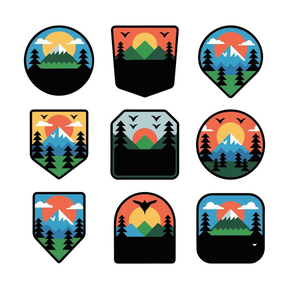 Badges with Hiking Mountain and Forest Themes. vector