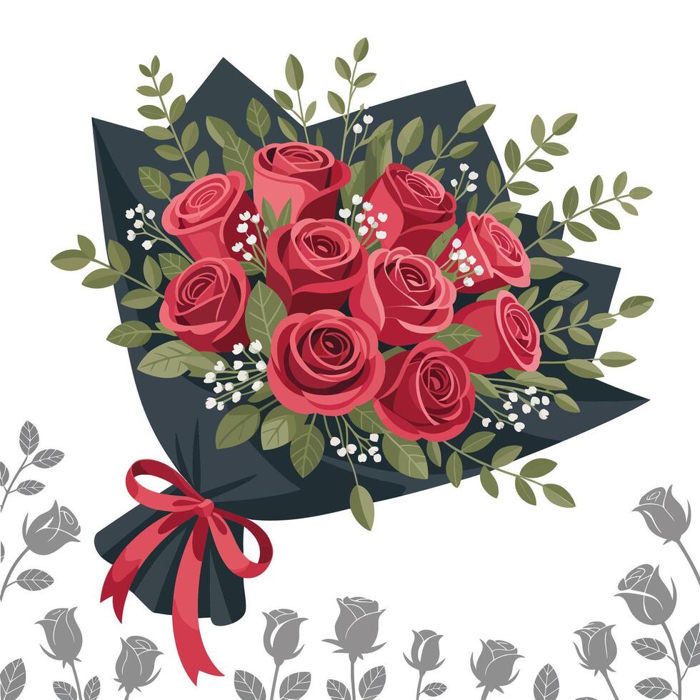 A bouquet of roses with leaves and flowers vector