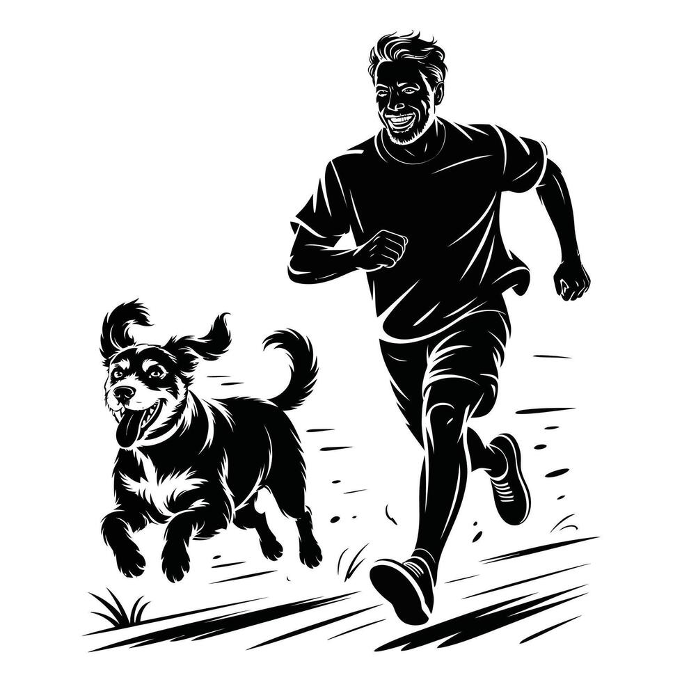 Happy Man Jogging with Pet Dog. vector