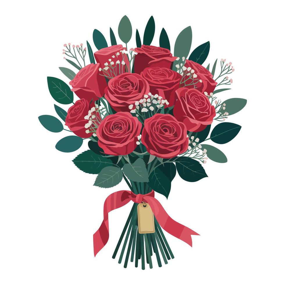 A bouquet of red roses with a tag vector