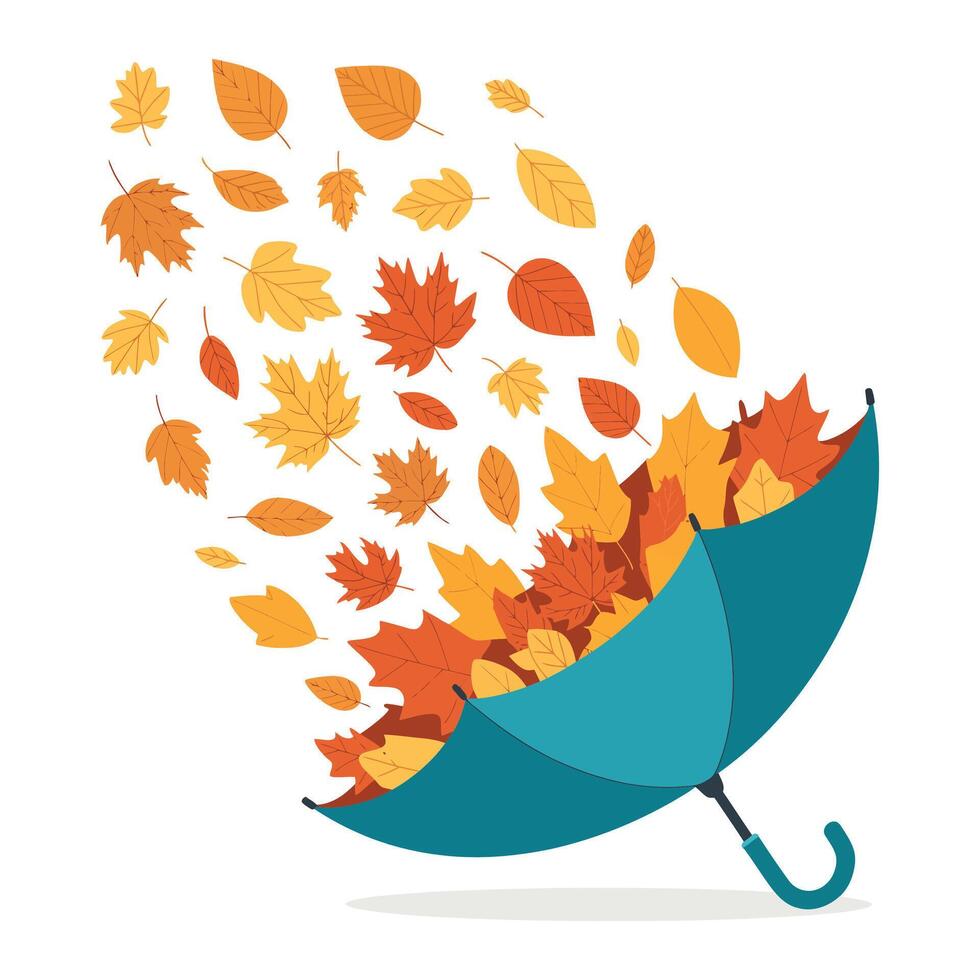 Minimal Fall Leaves in Teal Umbrella Illustration. vector