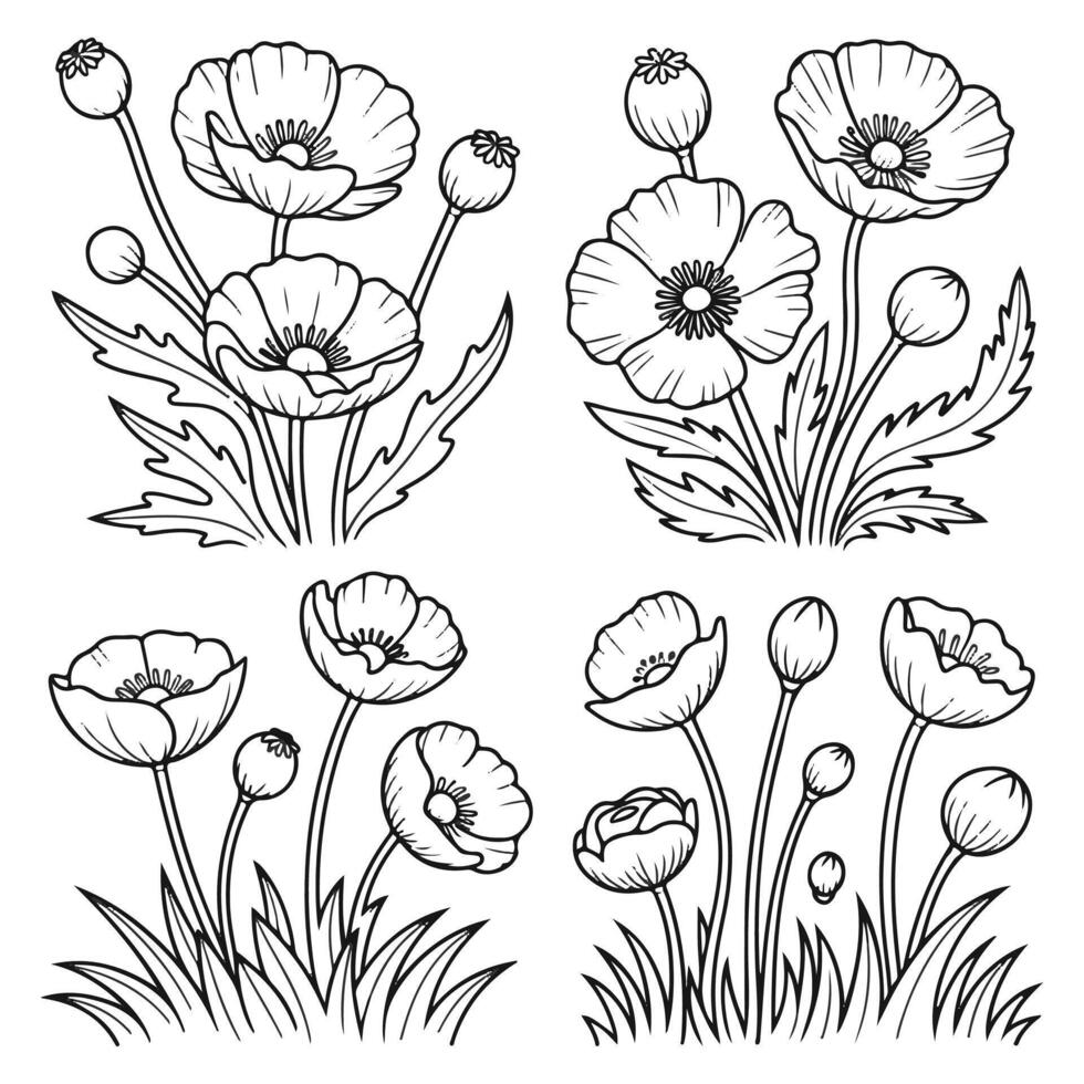 Black Line Poppy Flower Set. vector