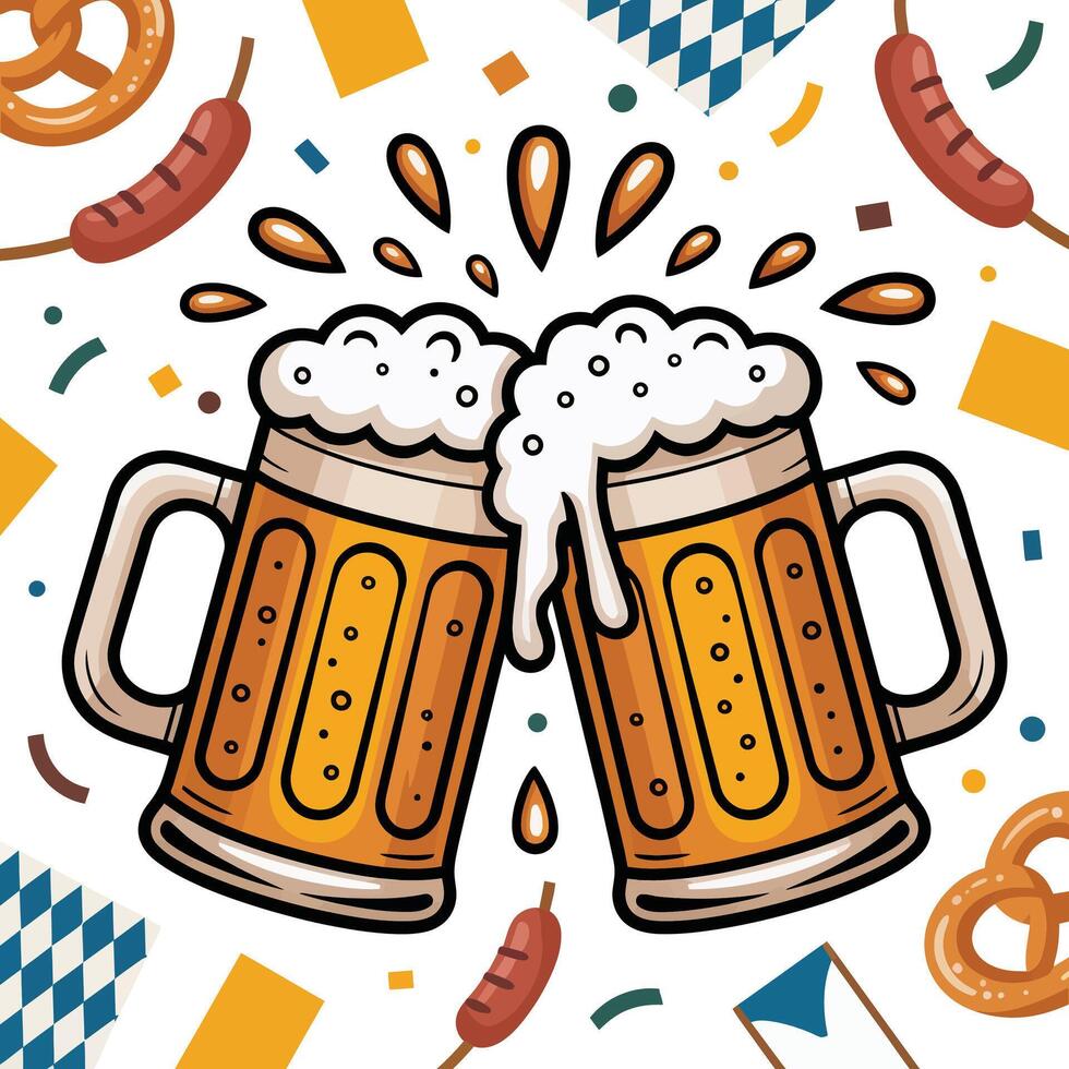 Two mugs of beer with pretzels and other items vector