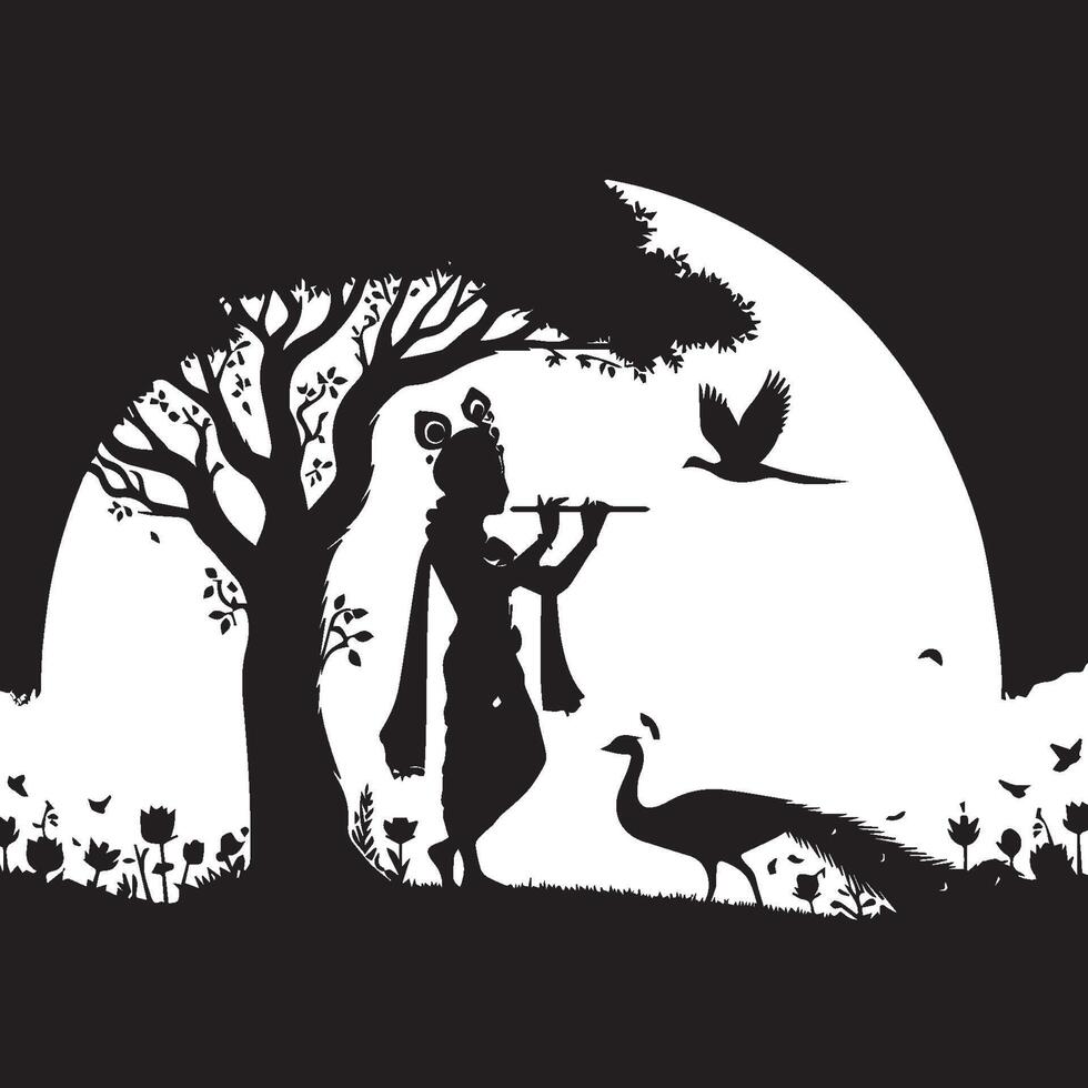 Lord Krishna Playing Flute with Peacock Silhouette vector