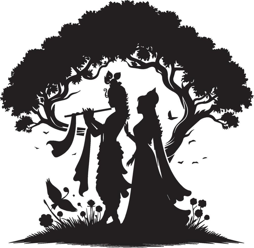 Radha Krishna Silhouette in a Forest Setting vector