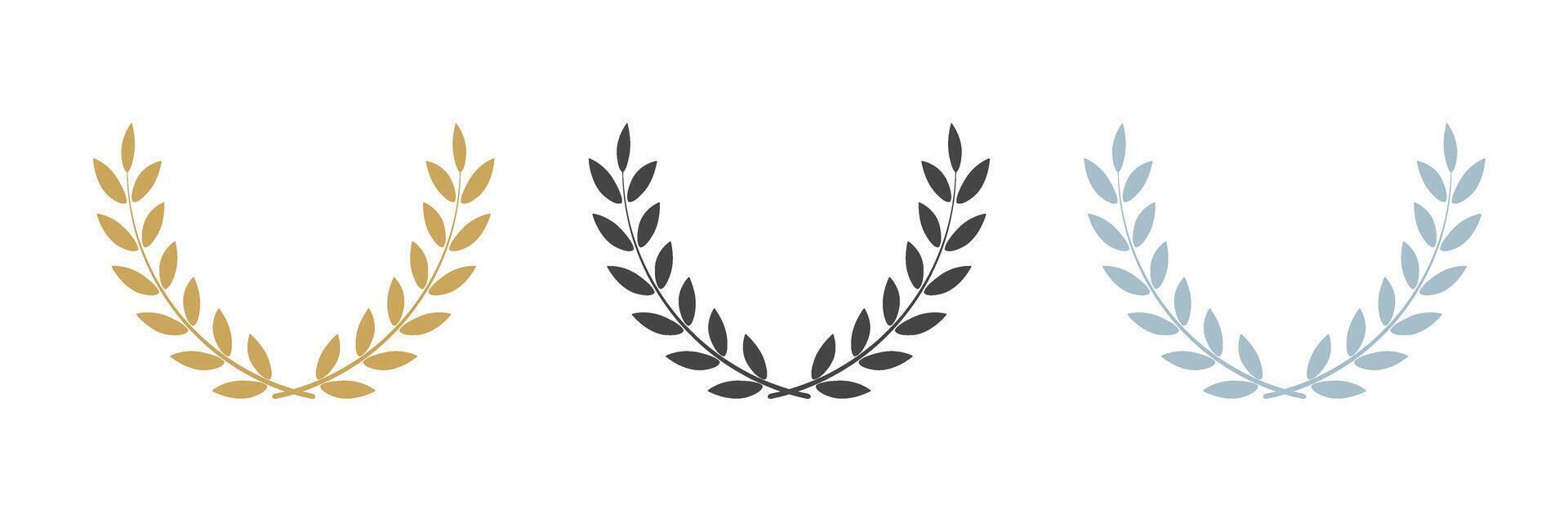 Laurel wreath set. Golden, silver and black frame border with leafes. Prize for win vector
