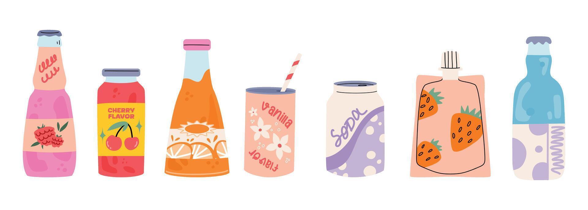 Soft drinks bottles. Bottled beverage, juice, sparkling or natural water in cans, glass and plastic bottles. Illustration isolated on white background vector