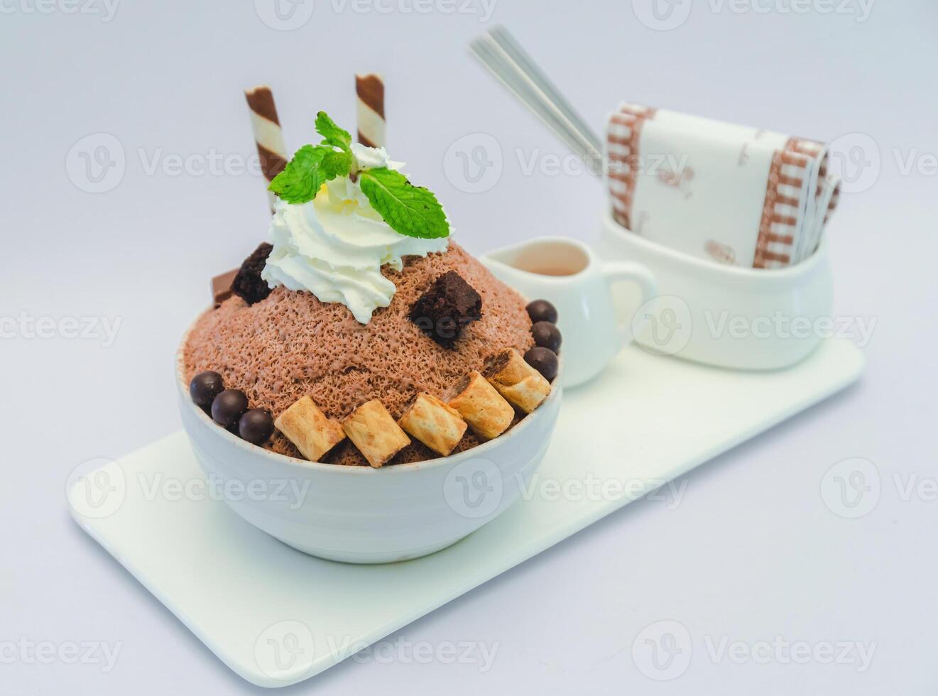Chocolate Shaved Ice Dessert with Brownie and Whipped Cream photo