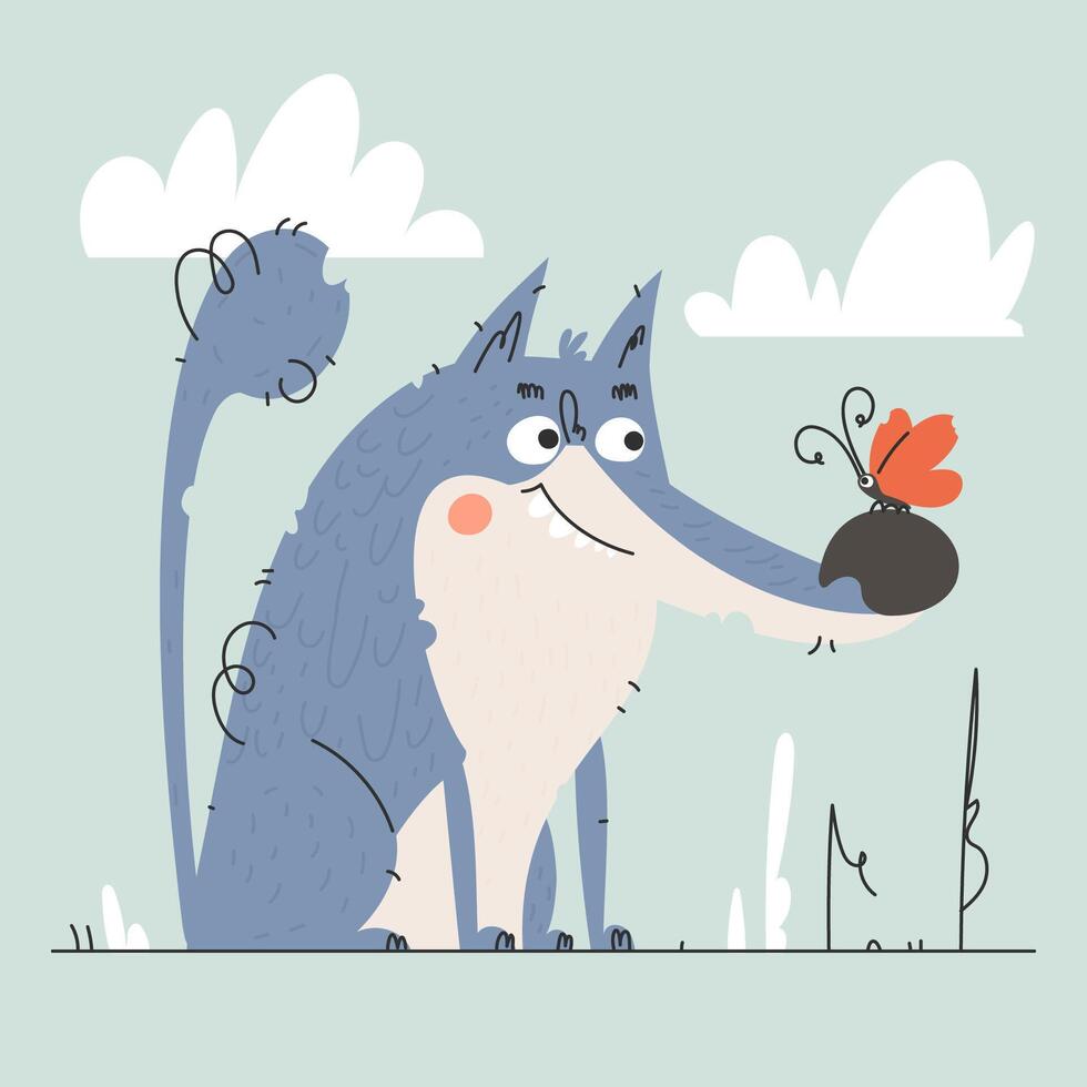 A Wolfs Serene Encounter. A Gentle Giant Meets a Butterfly in a Stylized Scene. vector