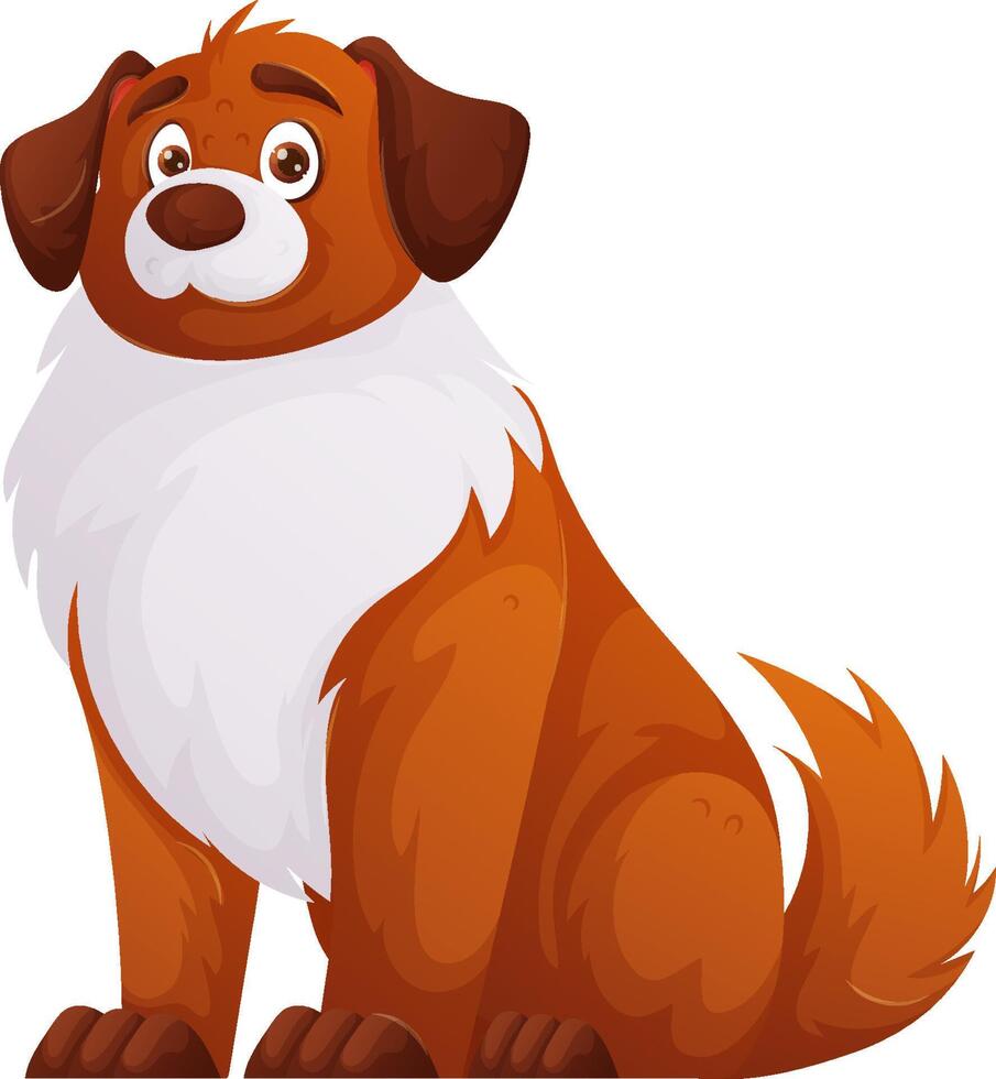 Cute Cartoon Dog with Brown and White Fur Sitting Down, Isolated on White. vector