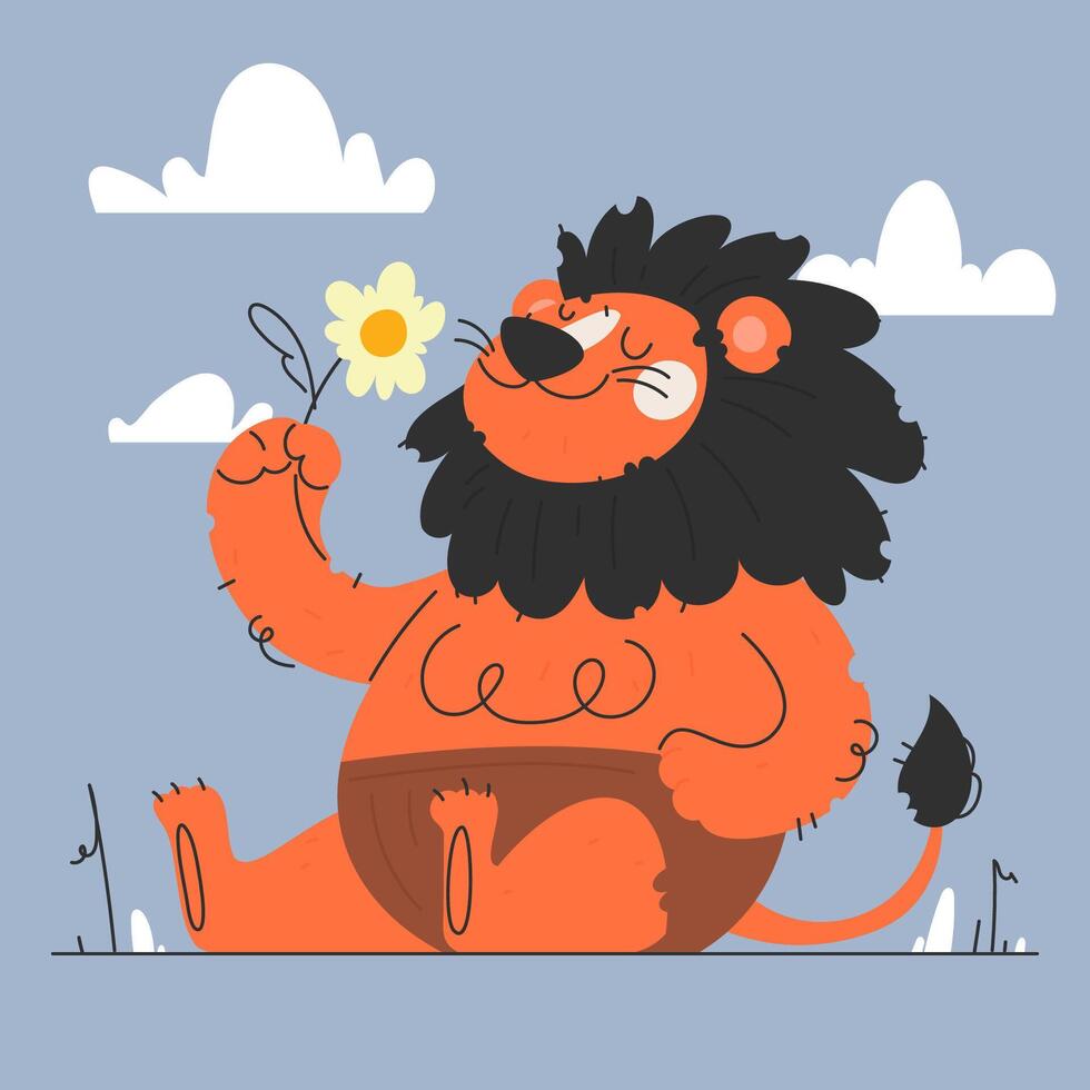 Cartoon Lion Enjoying the Scent of a Flower, Sitting Under a Cloudy Sky vector