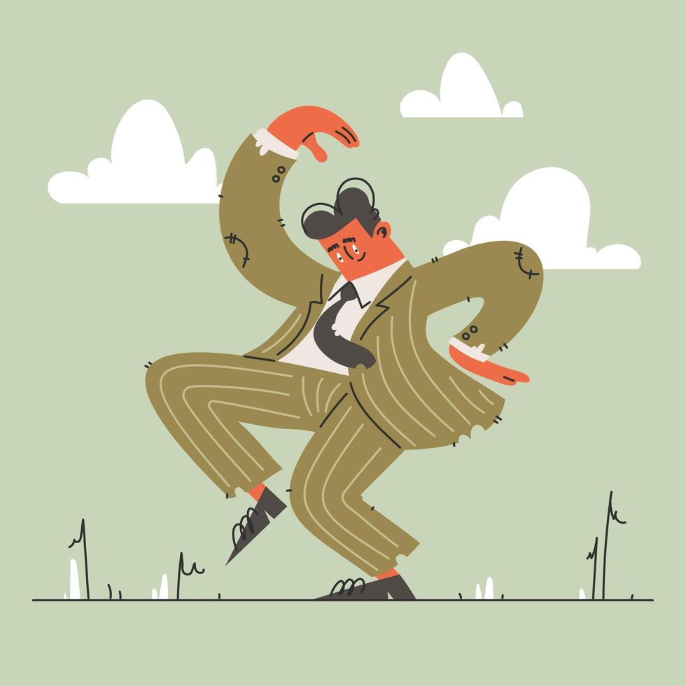 A joyful man in a striped suit dancing with enthusiasm under a cloudy sky. vector