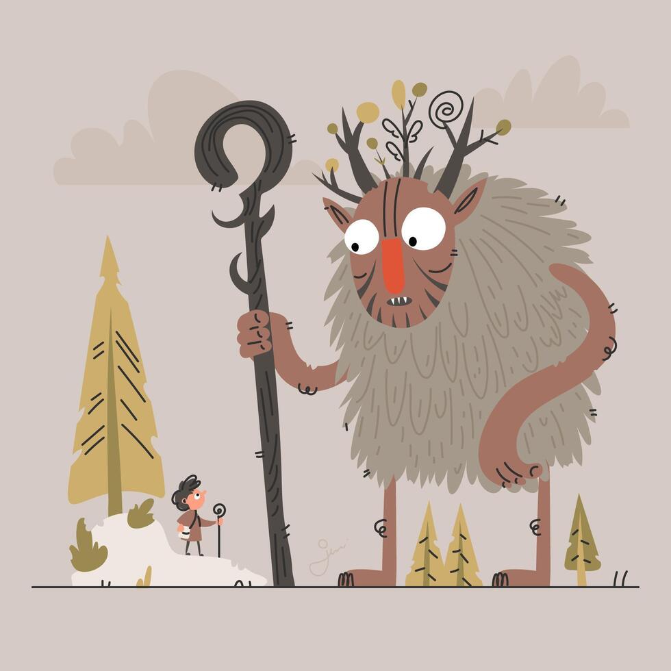 Forest Giant and Boy Encounter Illustration, A Whimsical Scene of Nature and Adventure vector