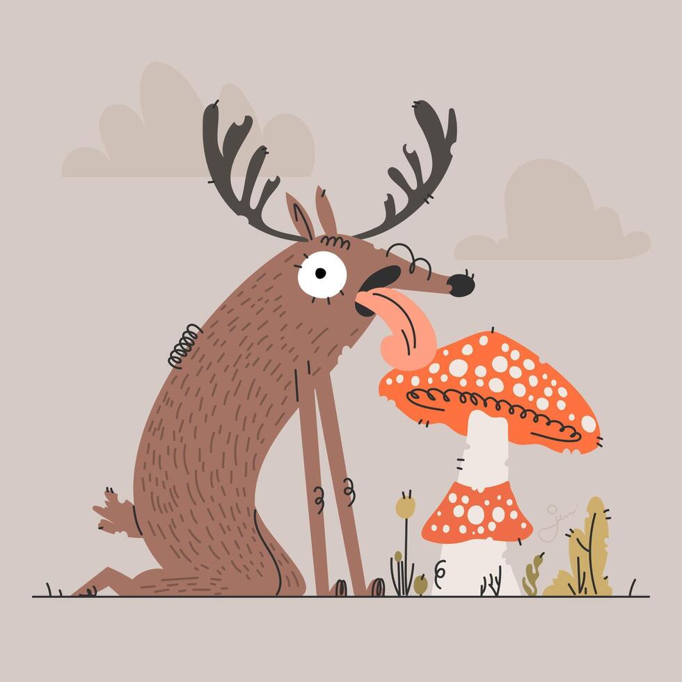 A whimsical illustration of a deer licking a mushroom with a funny expression. vector