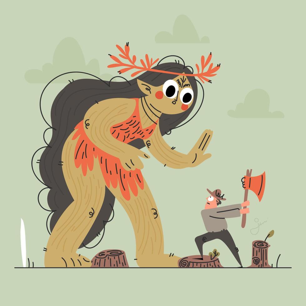 An Encounter in the Woods. A Lumberjack Faces a Giant Forest Spirit with Determination. vector
