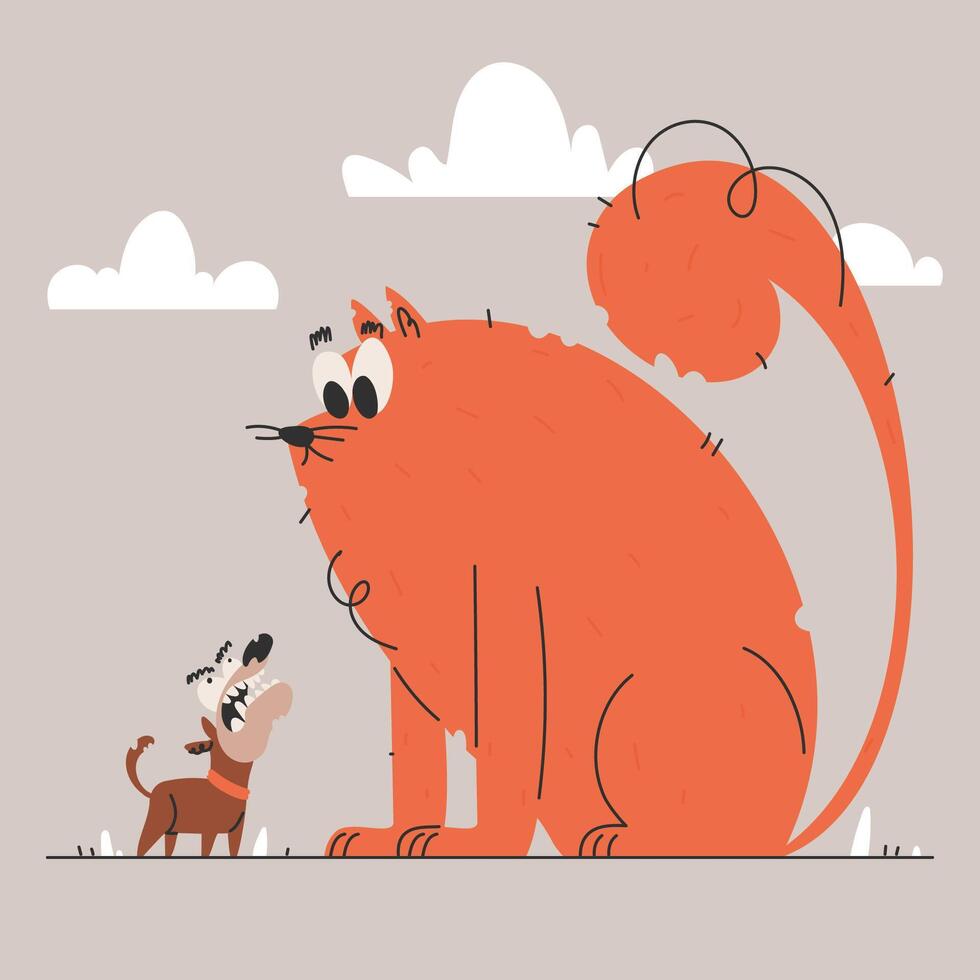 The Encounter. A Small Dog Barks at a Large, Orange Cartoon Cat Under Cloudy Skies. vector