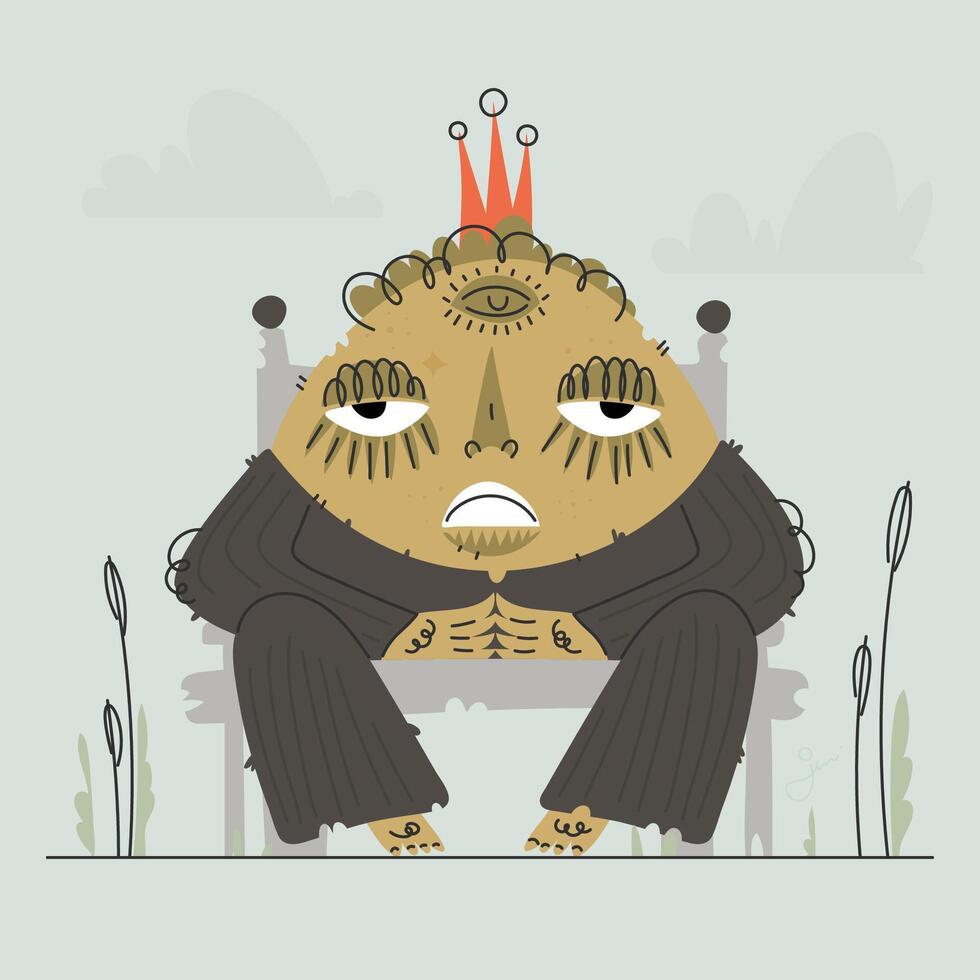 The Stern King with a Third Eye Sitting on His Throne, in the Marsh Landscape. vector