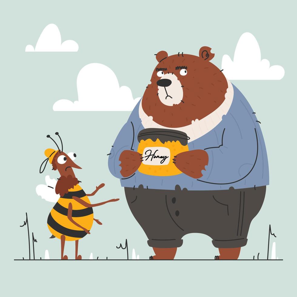 The Bear and the Bee. A Honey Situation, An Illustration of a Disagreement. vector