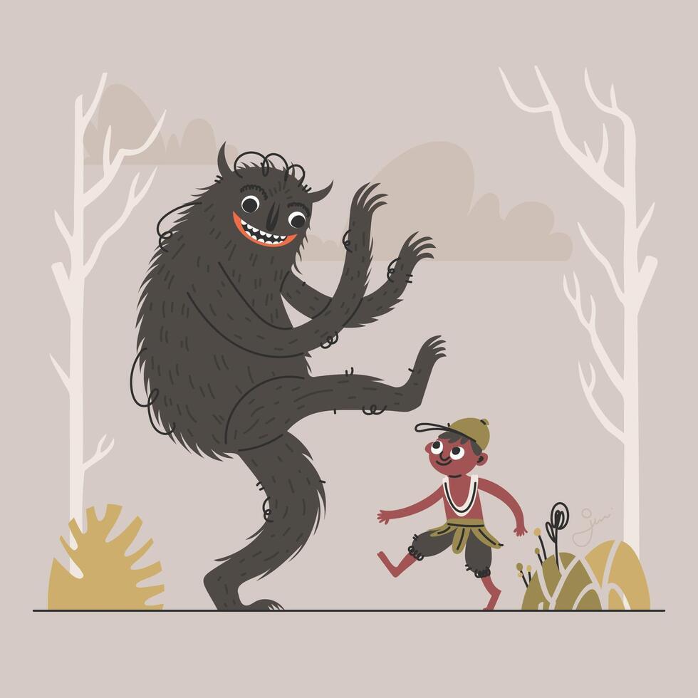 A Childs Adventure. Confronting a Friendly Monster in a Whimsical Forest Scene. vector