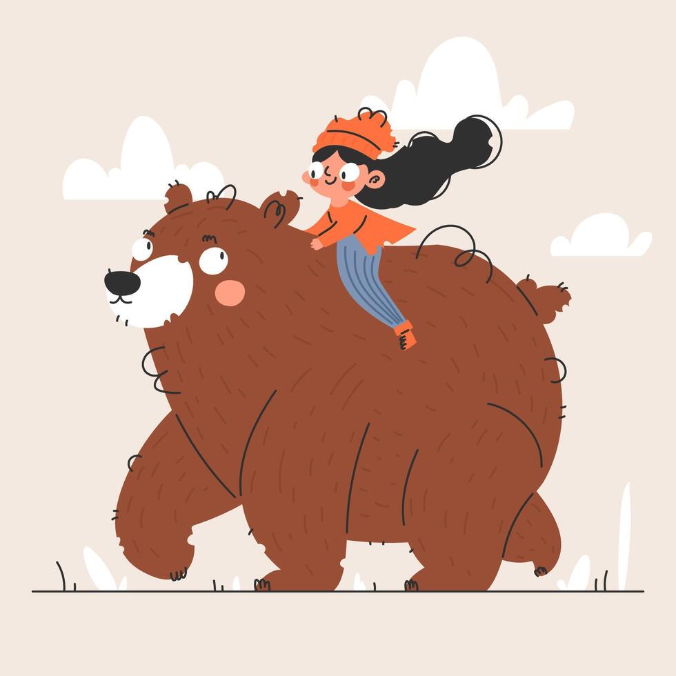 Girl riding a friendly bear through a whimsical landscape, cartoon style illustration. vector