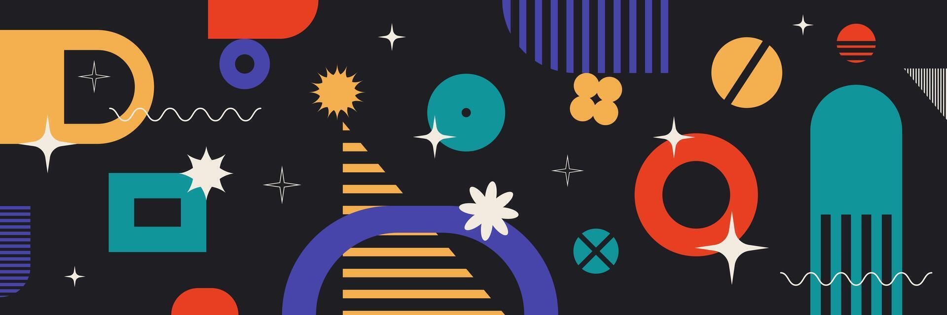 Geometric composition banner with retro shapes, forms and colors, abstract figures on the dark background, architectural features, lines and basic graphic design elements. illustration. vector
