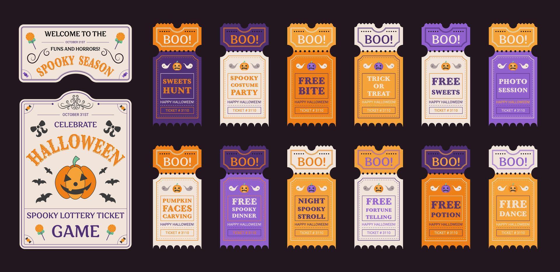 Halloween coupons and game lottery tickets with playful spooky interactions. Creepy graphic decorative elements with pumpkins and ghosts, cards and scary game. illustration. vector