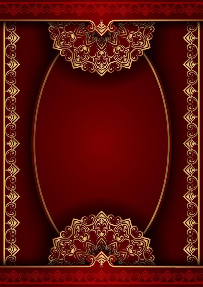 luxury red background decorated with oval frame and gold mandala vector