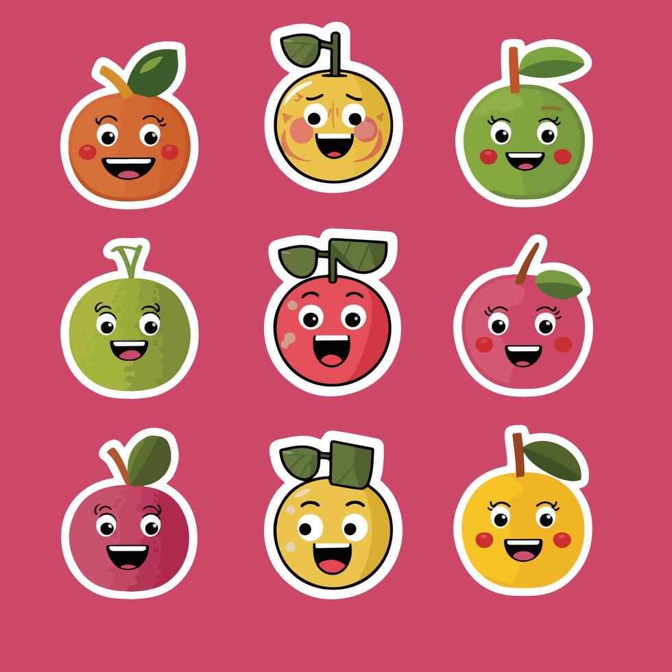 Cute fruit stickers set with happy faces illustration vector