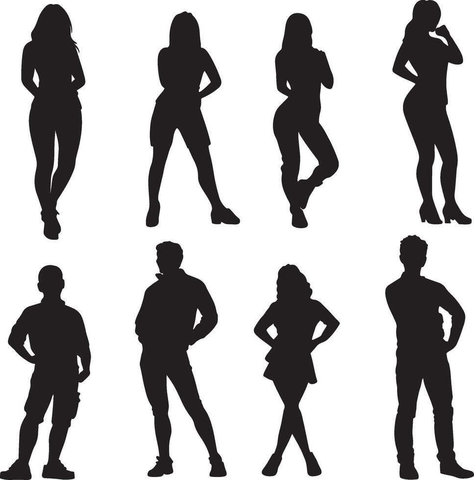 Diverse Silhouette Figures of Men and Women in Fashionable Attire vector