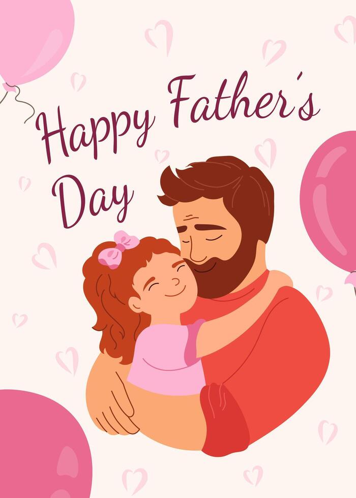 Happy Father's Day Father and daughter hugging with love and tenderness Dad with girl in pink dress with heart background Cute cartoon illustration for greeting card, holidays poster or banner vector