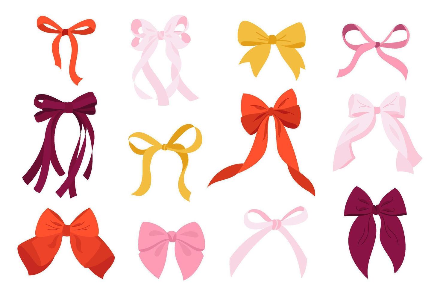 Set decorative ribbon bows in various styles. collection illustrations of satin fabric bows in red, pink, yellow for gift wrapping, hair accessories, greeting cards, festive design, girly decor vector