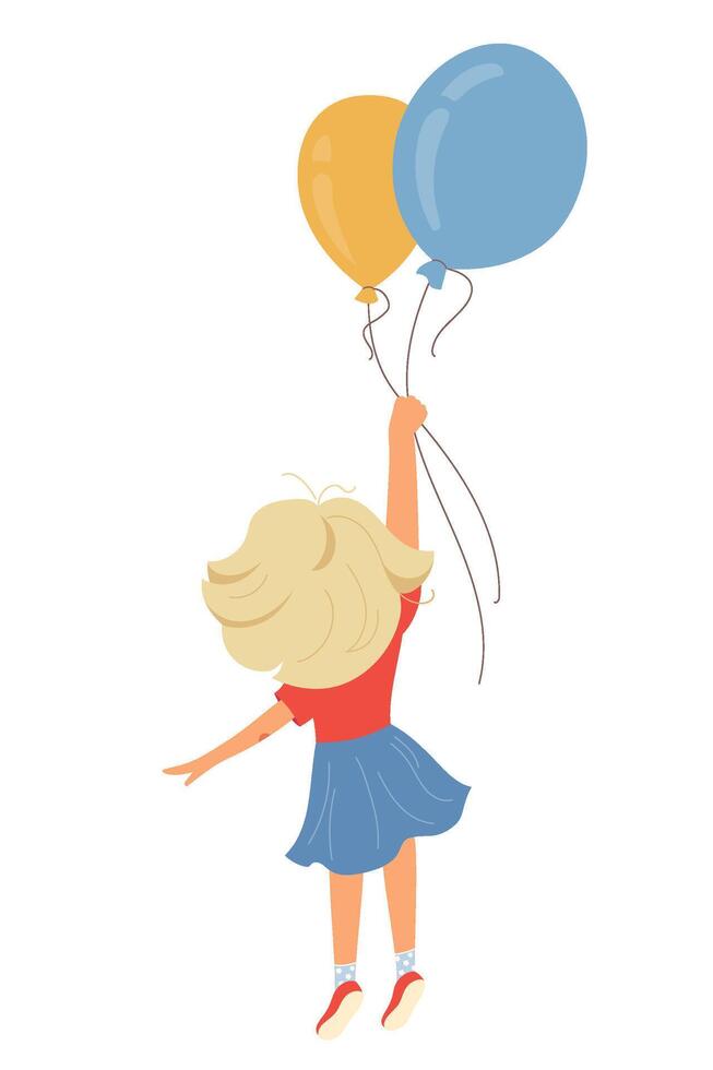 Happy little girl holding balloons Cheerful child character playing, flying with ballon Cartoon design element for kids celebration design, greeting cards, poster, flyer party illustration vector