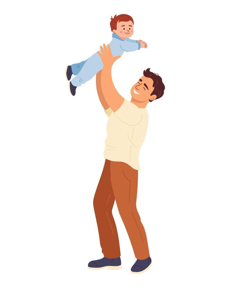 Happy father lifting his baby son up in the air. Dad playing with child, joyful family time. illustration of parenthood love isolated. Perfect for Father's Day cards and family themed designs vector
