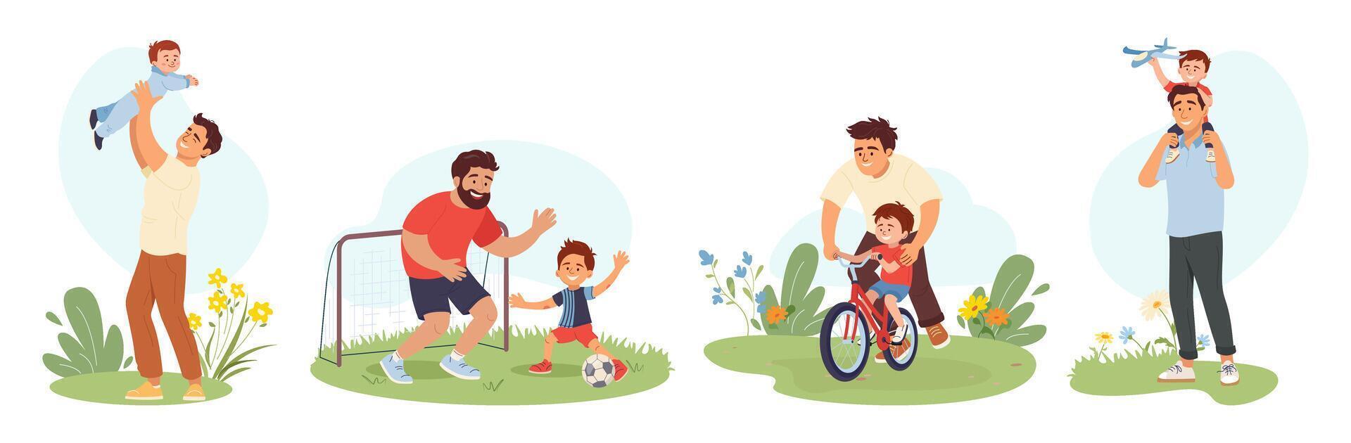 Father spending time with son Set of cartoon scenes with dad playing football, teaching to ride a bike, lifting toddler and walking with child illustration for Father's Day design, card, poster vector
