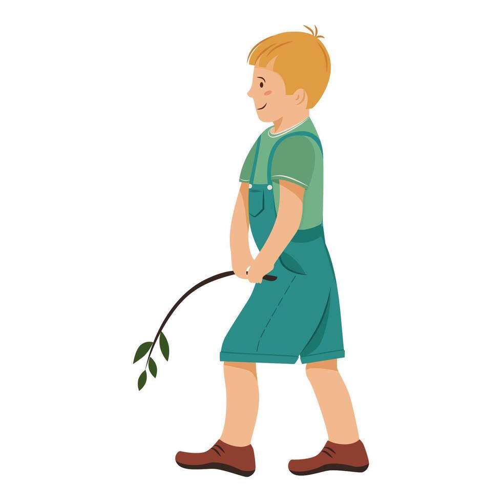cartoon funny little boy isolated on white background. Boy walks and holding a twig, plant in his hands vector