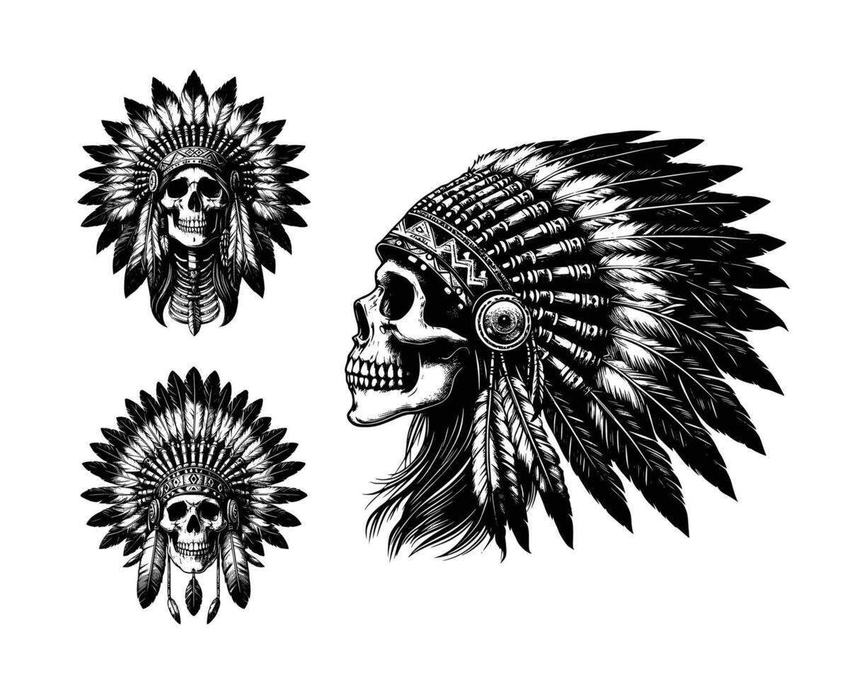 native american indian skull chief headdress with feathers, black and white sketch illustration vector