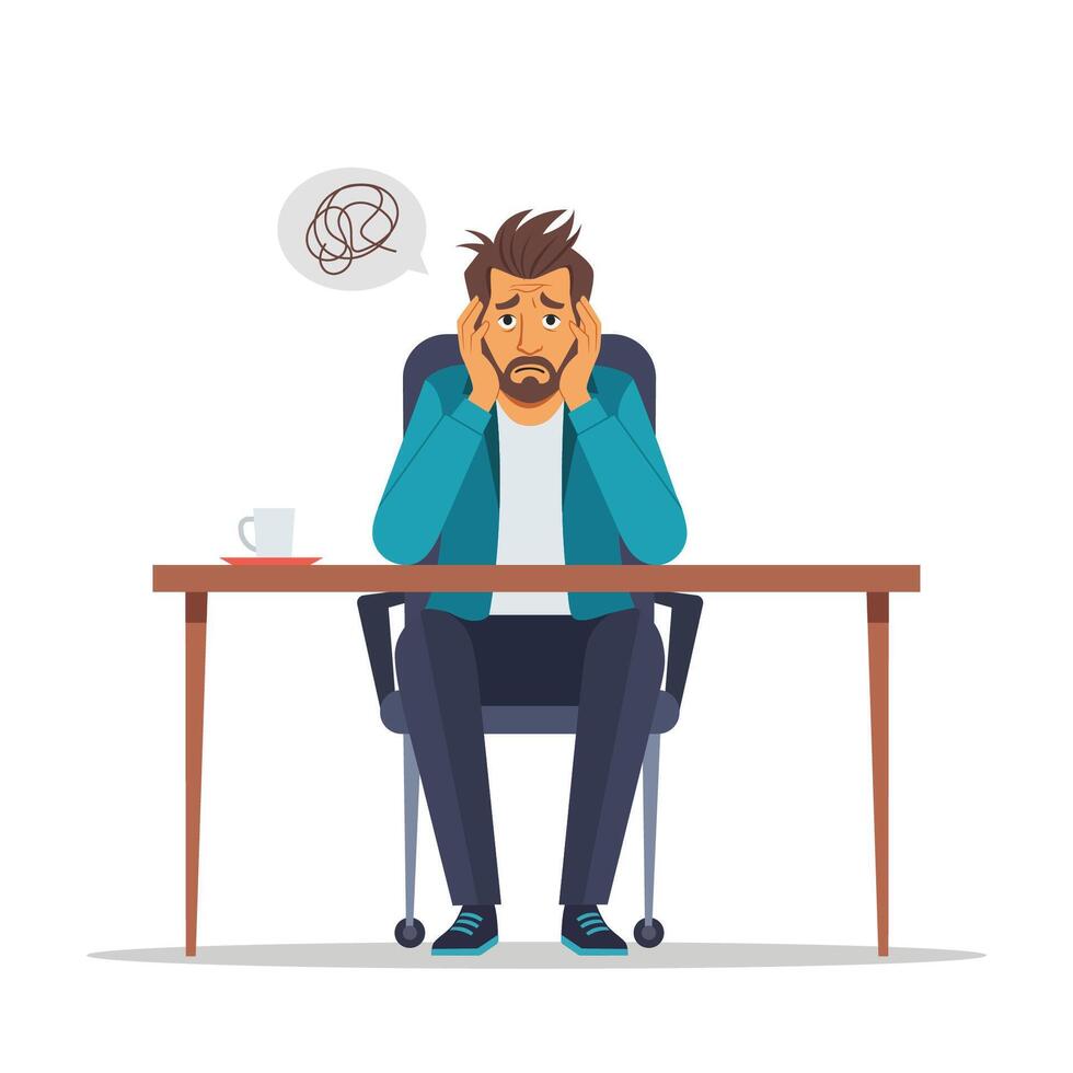Confused man pondering a problem solution flat illustration vector