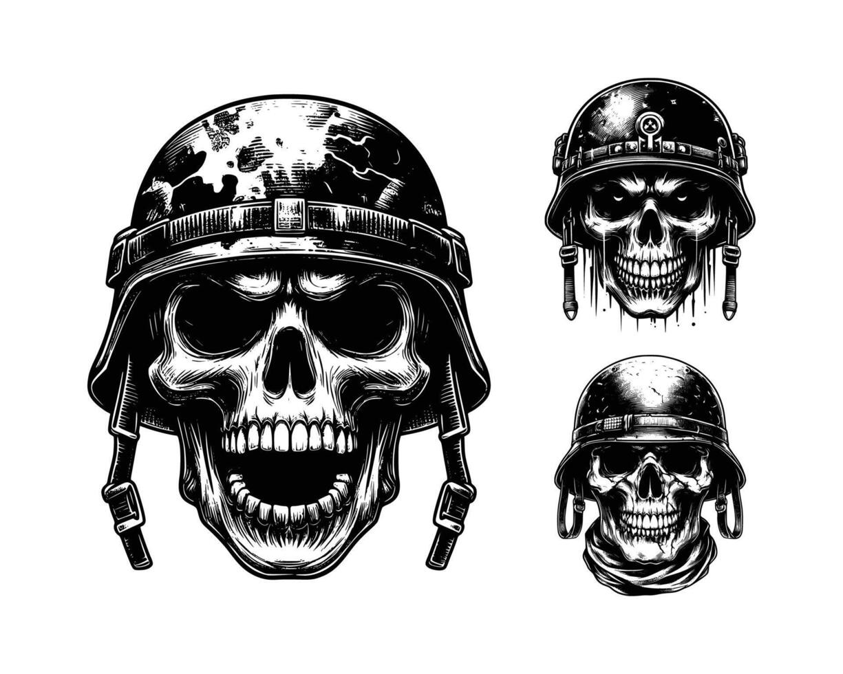 scary skull in military helmet, black and white line illustration vector
