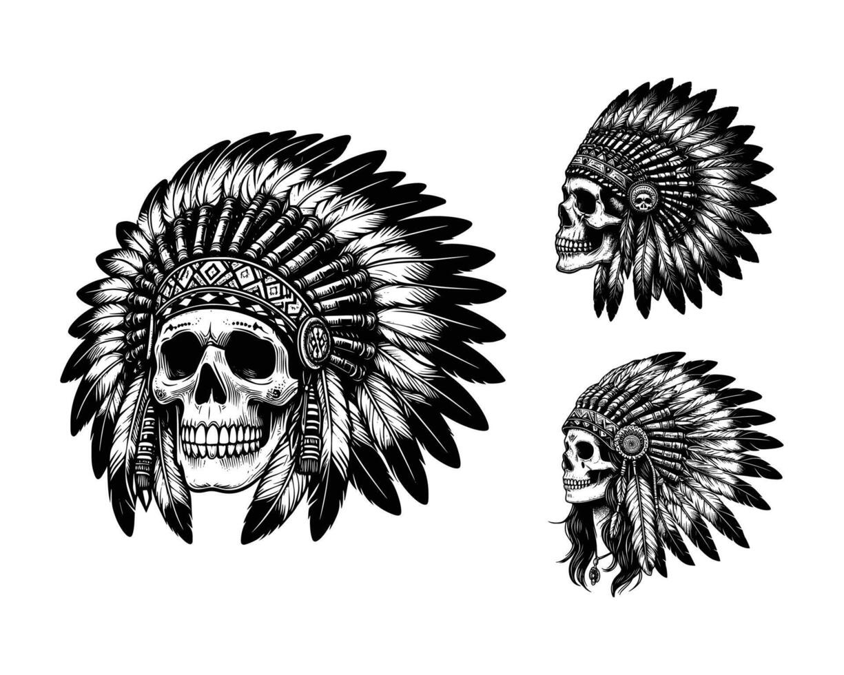 skull with native american indian chief headdress with feathers, black and white line illustration vector
