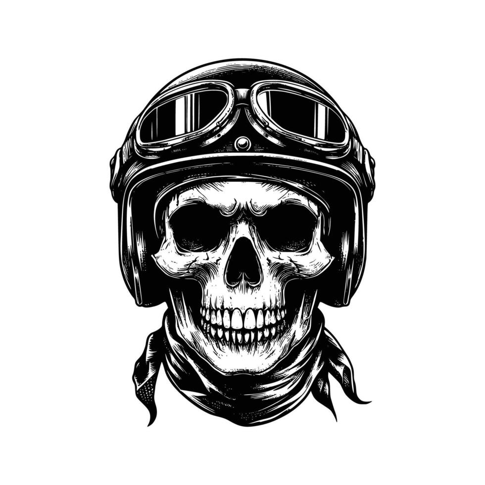 scary skull wearing helmet and bandana, black and white line illustration vector