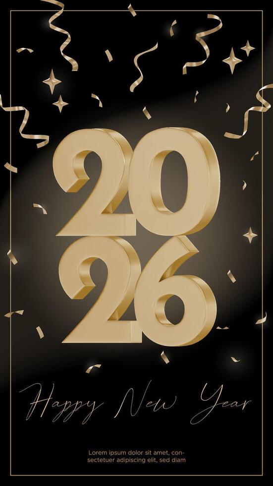Happy new year 2026. Vertical greeting card. 3D Festive design with golden numbers on a background of black fabric. Luxury design for Christmas and New Year greeting cards vector