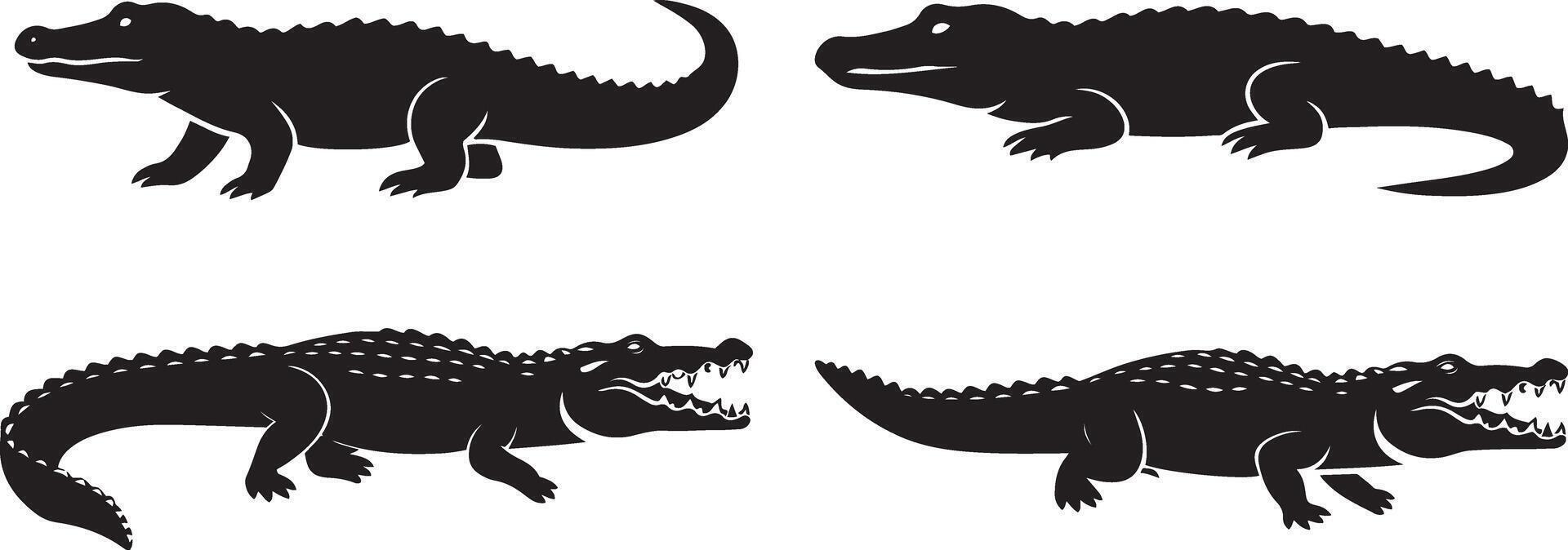 A collection of black crocodile silhouettes in various poses, showcasing different angles and open jaws, isolated on a white background vector