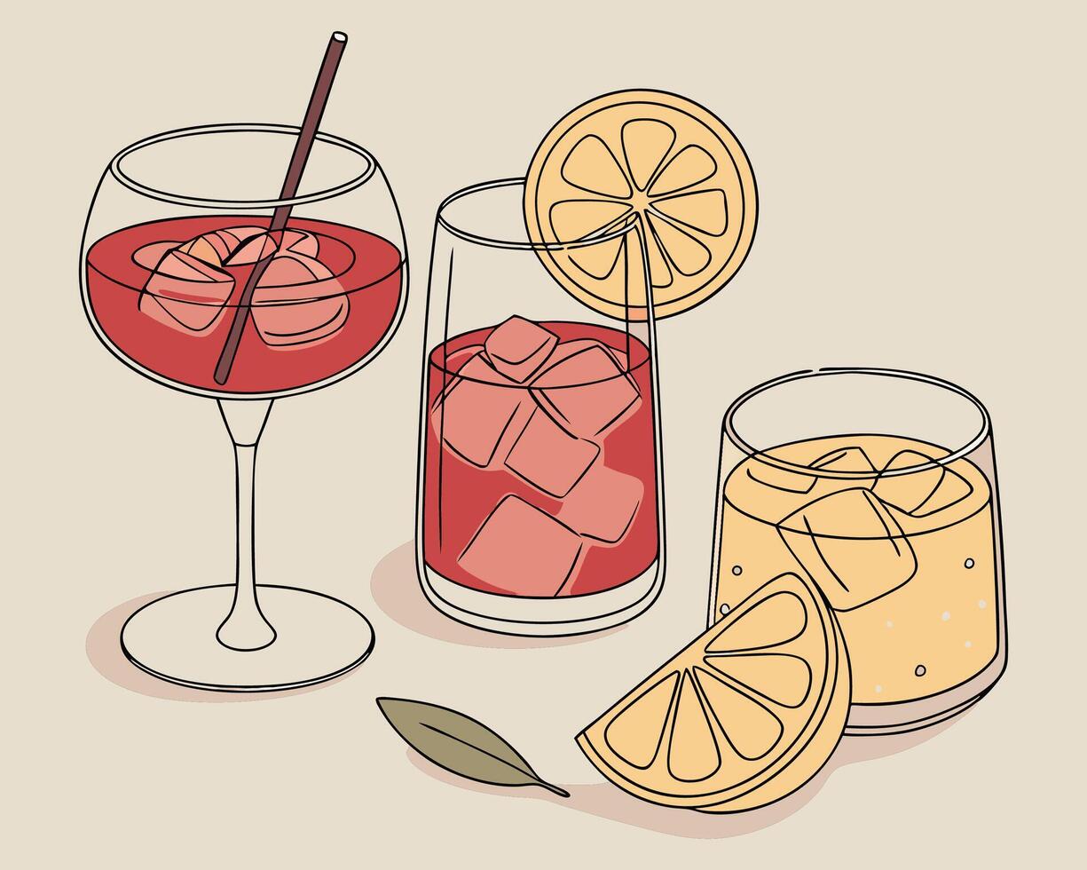 Three refreshing cocktails silhouette vector
