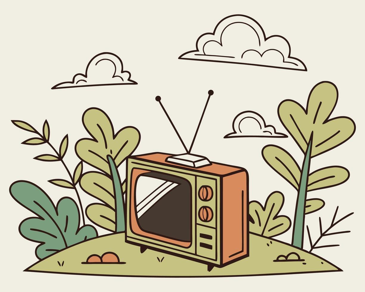 Retro television in nature silhouette vector