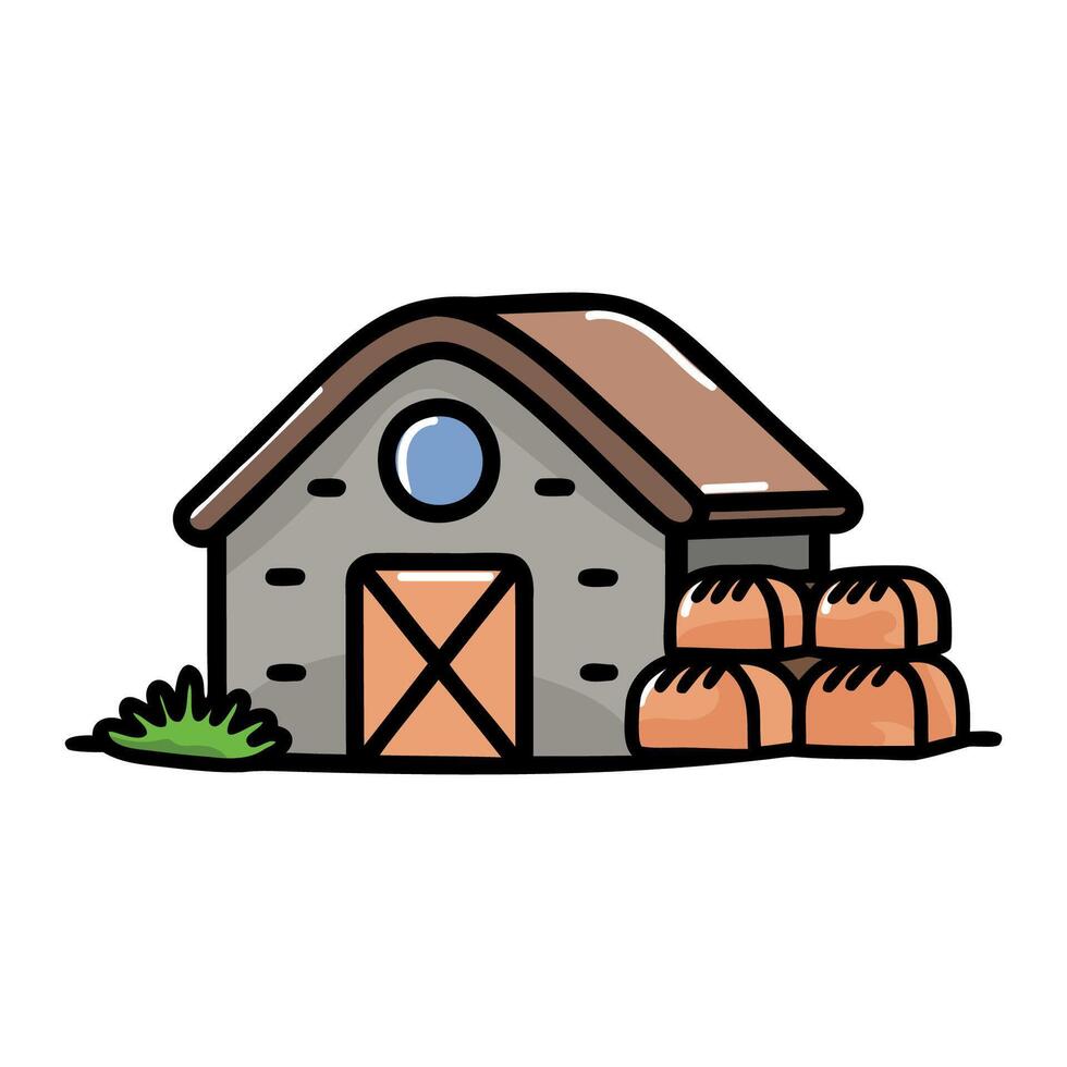 A simple barn structure with a brown roof and a round window. Hay bales are stacked beside the barn. Green grass is visible in the foreground. vector