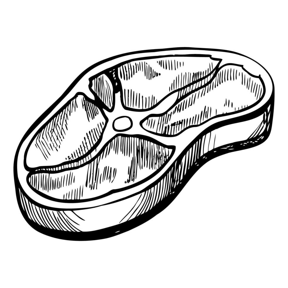 A raw piece of meat, showcasing marbling and texture. The cut is thick and has a circular shape, ideal for grilling or cooking. vector