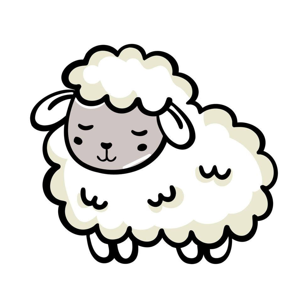 A cute cartoon sheep with fluffy white wool and a gray face. The sheep has a gentle expression and small ears, standing on its legs. vector