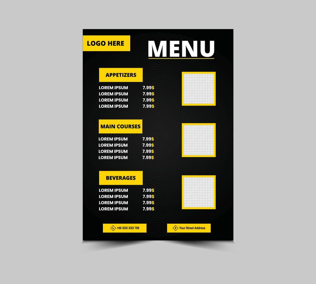 Menu Fast Food Flyer Template Design With Appetizers Main Courses And Beverages Illustration vector
