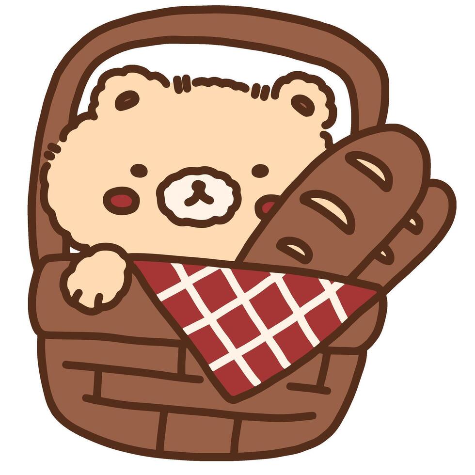 Bear and Bread in Basket Cute Hand Drawn Illustration vector